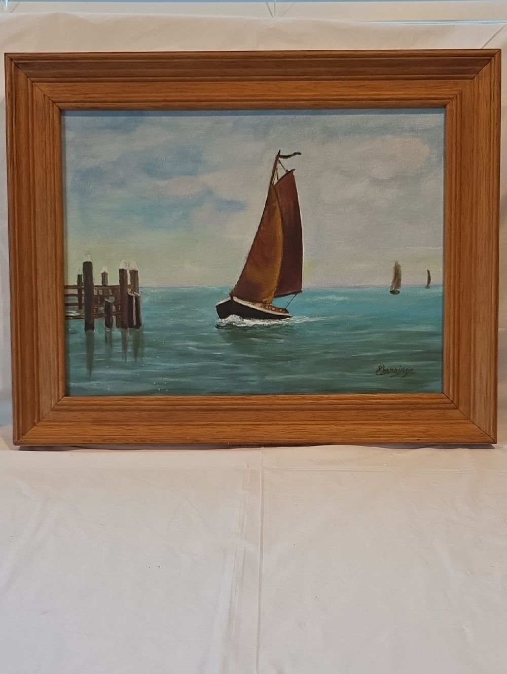 Sailboat Hand Painted Picture Framed And Signed Appox 19"x15"